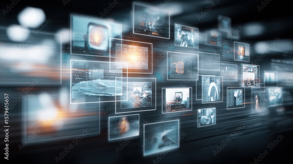 Futuristic digital interface with holographic screens displaying 3D data, information visualization, technology concept, high-tech environment Futuristic digital interface with holographic screens displaying 3D data, information visualization, technology concept, high-tech environment