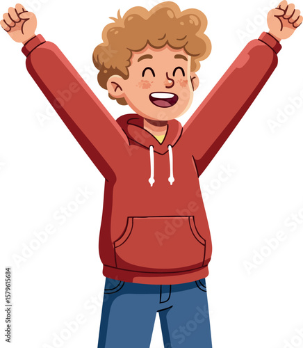 Happy boy celebrating with raised hands wearing red hoodie and blue jeans vector illustration