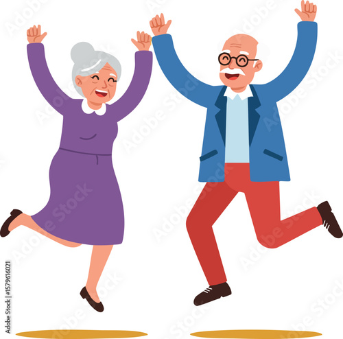 Elderly couple jumping joyfully with raised hands wearing purple dress and blue jacket active seniors vector illustration