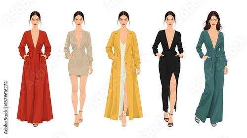 Fashionable woman posing in different colored stylish trench coats and matching outfits, showcasing elegant and modern wardrobe design on white background.