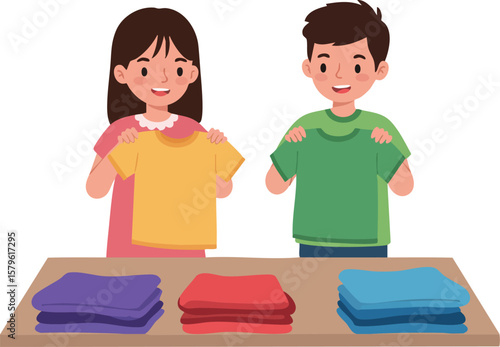 Children shopping for colorful clothes with stacks of folded apparel in casual setting vector illustration