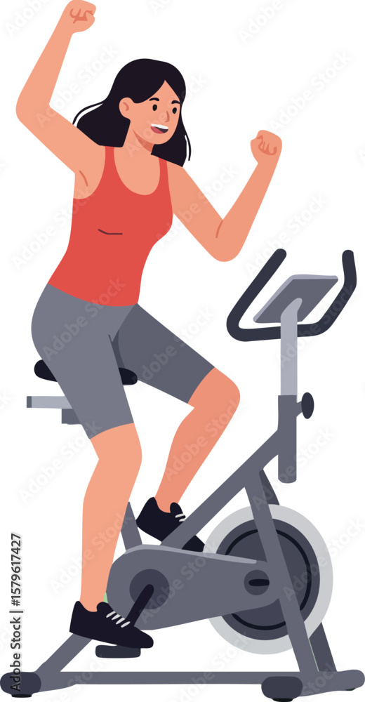 Fototapeta premium Woman exercising on stationary bike in gym indoor fitness activity healthy lifestyle workout routine