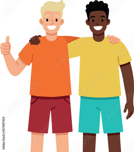 Two young male friends standing with arms around shoulders showing thumbs up gesture in casual summer clothes vector illustration