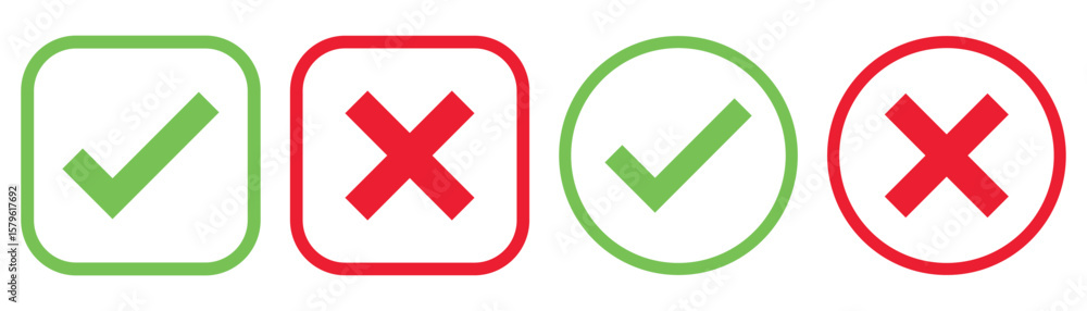 Obraz premium Set green approval check mark and red cross icons in circle and square, checklist signs, flat checkmark approval badge, isolated tick symbols