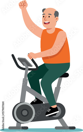 Senior man exercising on stationary bike with raised fist and happy expression in fitness routine vector illustration