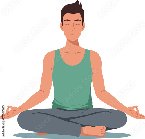 Man meditating in lotus pose wearing green tank top and gray pants practicing mindfulness and relaxation calmness