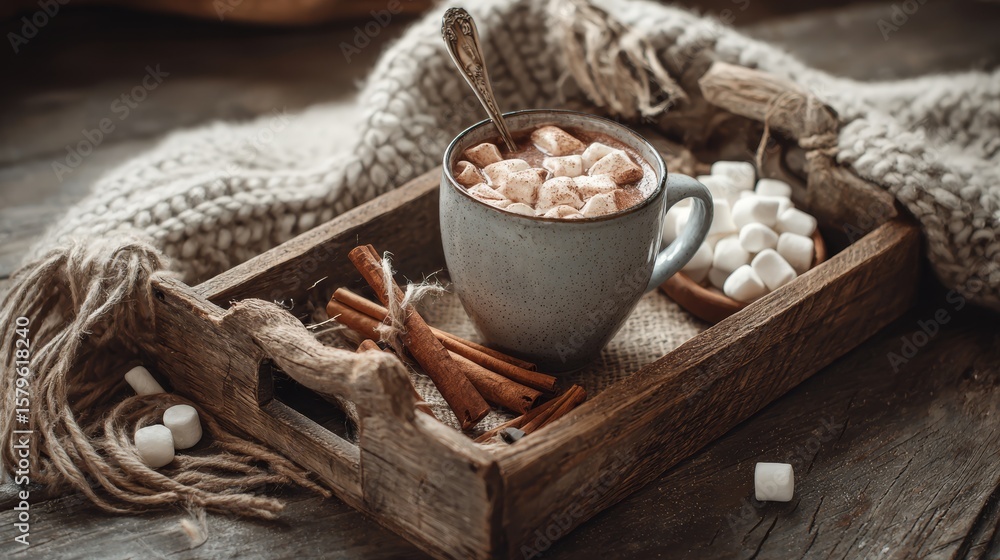 Hot cocoa with marshmallows and cinnamon sticks on rustic wooden tray Hot cocoa with marshmallows and cinnamon sticks on rustic wooden tray
