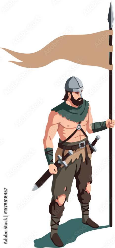 Fototapeta premium Barbarian warrior standing with spear and flag in rugged clothing and helmet holding sword vector illustration