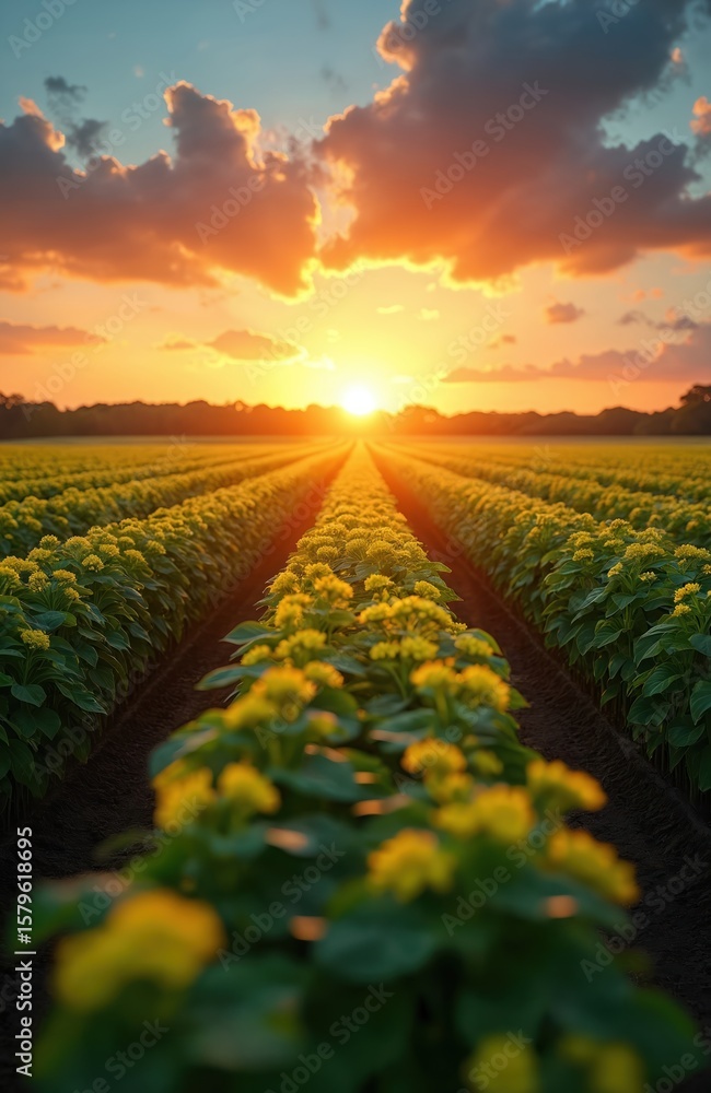 Obraz premium Rows of yellow flowering crops stretch towards vibrant sunset over vast agricultural field. Green leaves, soil contrast with warm sky. Scene captures of farming, nature beauty during harvest season.