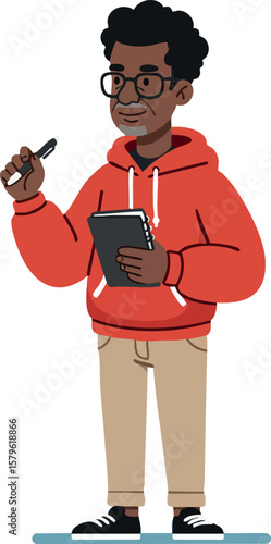 Young man in red hoodie holding tablet and stylus drawing technology concept vector illustration