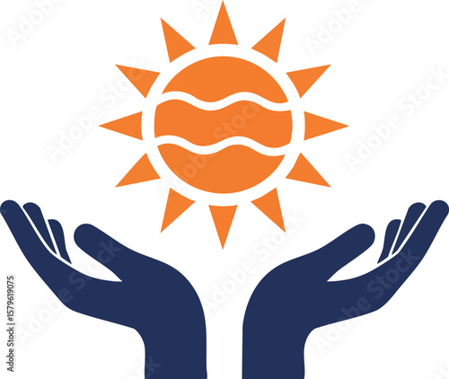 Sun protection concept with hands holding orange sun icon vector illustration for environmental care and energy conservation