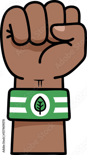 Raised fist with green wristband showing leaf symbol environmental power and activism vector design