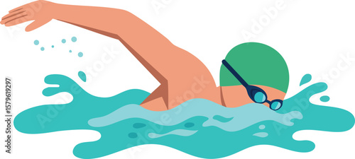 Swimmer in green cap performing freestyle stroke in pool with splashing water vector illustration