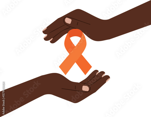 Hands holding orange awareness ribbon symbolizing support and care for health and social causes vector illustration