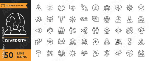 Diversity icon set. Containing equality, human rights, ethnicity, difference, belonging, languages, tolerance, and more. Editable stroke. vector illustration