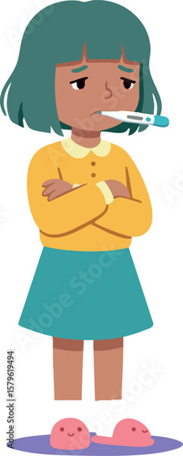 Sick girl with thermometer in mouth and crossed arms feeling ill in teal skirt and yellow sweater vector illustration