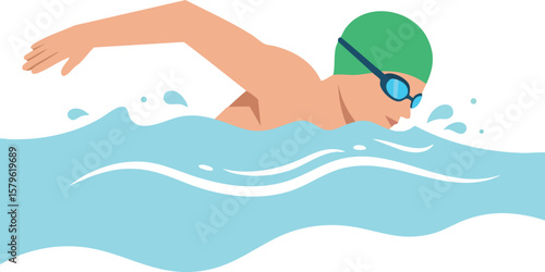 Swimmer with green swim cap and goggles performing freestyle stroke in blue water vector illustration