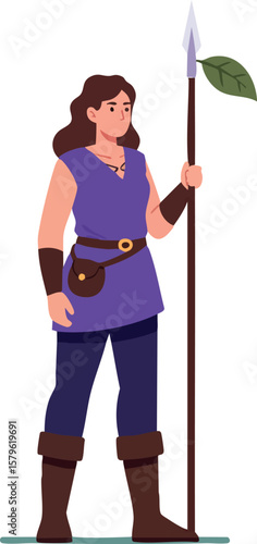 Female warrior holding spear with leaf standing confidently in purple outfit vector illustration