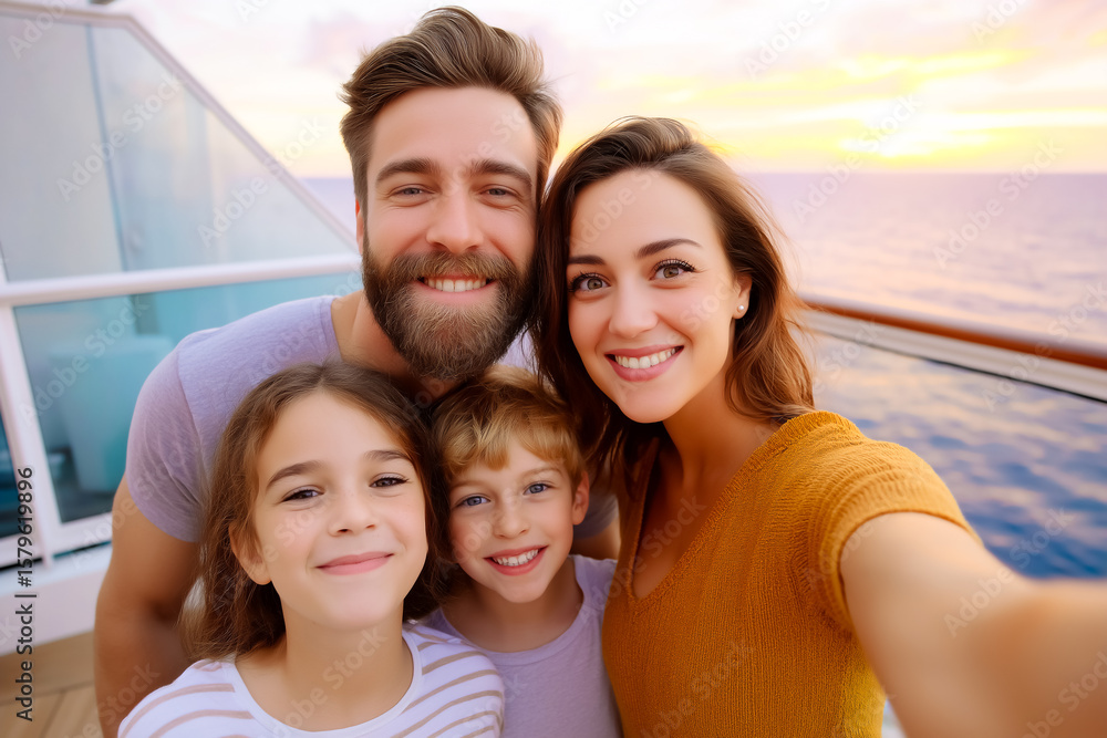 Family taking selfie together on cruise deck during sunset. Colorful sky and ocean backdrop create warm atmosphere. Concept of travel, family bonding, adventure Family taking selfie together on cruise deck during sunset. Colorful sky and ocean backdrop create warm atmosphere. Concept of travel, family bonding, adventure