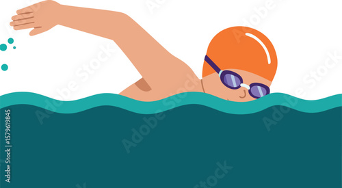 Swimmer in orange swim cap and goggles swimming freestyle in blue water vector illustration