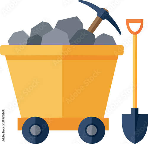 Mining cart filled with rocks and pickaxe alongside shovel for excavation and digging activities vector illustration
