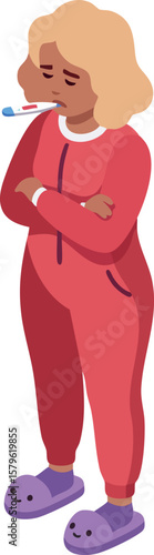 Sick woman standing with thermometer and purple slippers wearing red pajamas feeling unwell vector illustration