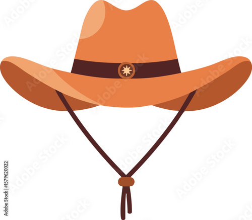 Cowboy hat with chin strap and star decoration in brown and orange vector illustration for western style fashion accessory