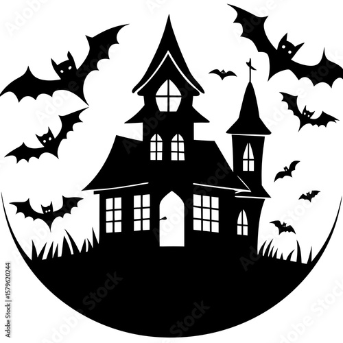 Halloween haunted house and flying bats vector, a modern flying bats art design, a black vector of flying bats, a simple haunted house art, a haunted house isolated