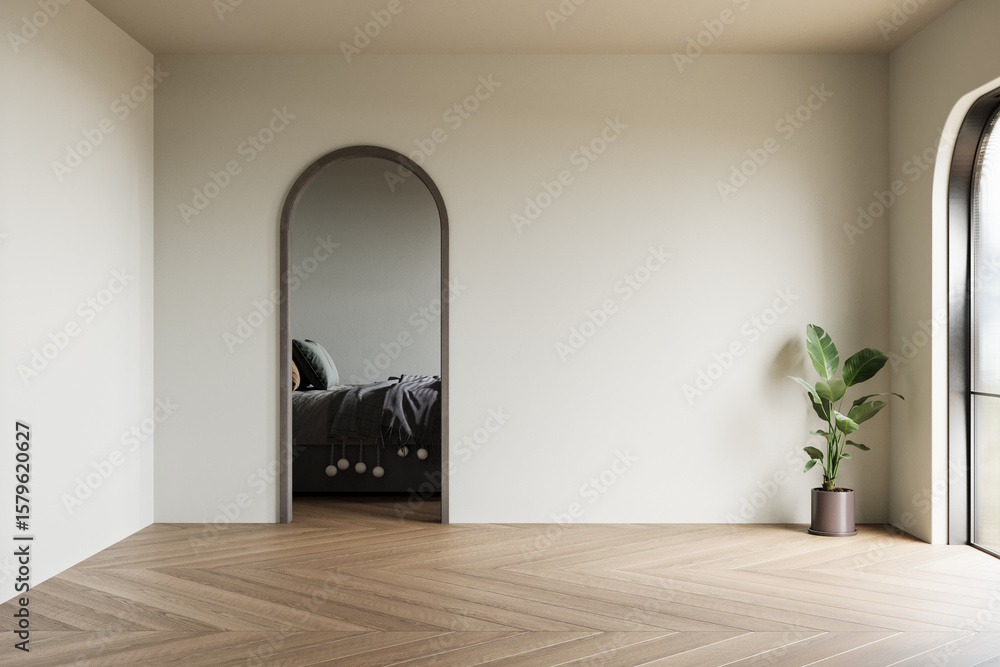 Fototapeta premium Boho cozy empty living room design, pastel color wall mockup,
