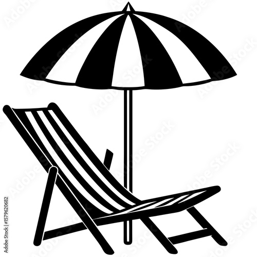 Beach umbrella with chair vector, a modern beach umbrella art design, a black vector of a chair, a simple umbrella and chair art, a chair isolated