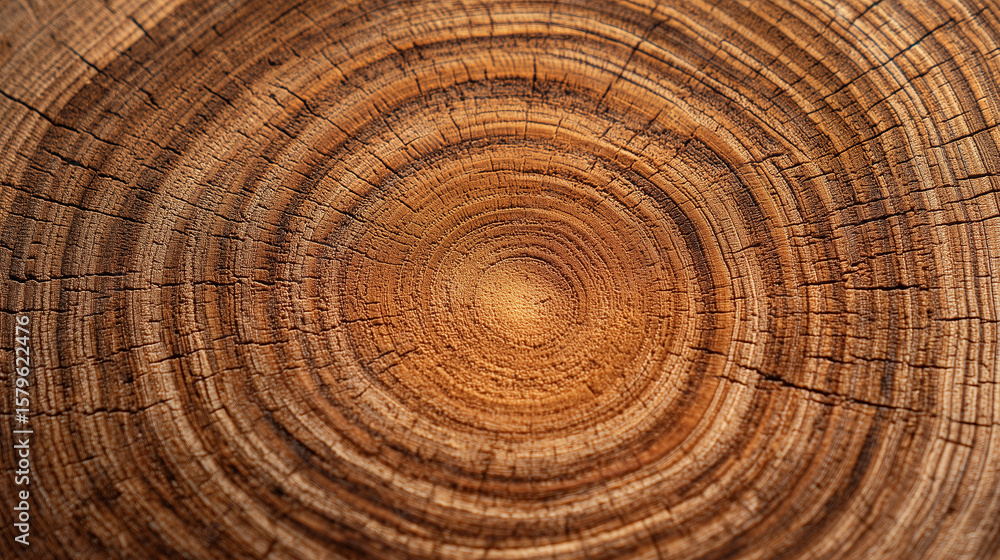 Naklejka premium Close-up of tree trunk rings, clean radial wood pattern with realistic textures, centered and symmetrical.