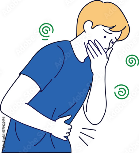 Person feeling nauseous, clutching stomach in discomfort, symbolizing sickness, food poisoning, motion sickness, health issue, vector illustration concept