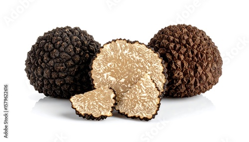 Three black and white truffles on white background