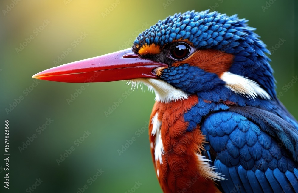 Fototapeta premium Kingfisher with vibrant blue and orange feathers, long red beak, and sharp eye detail