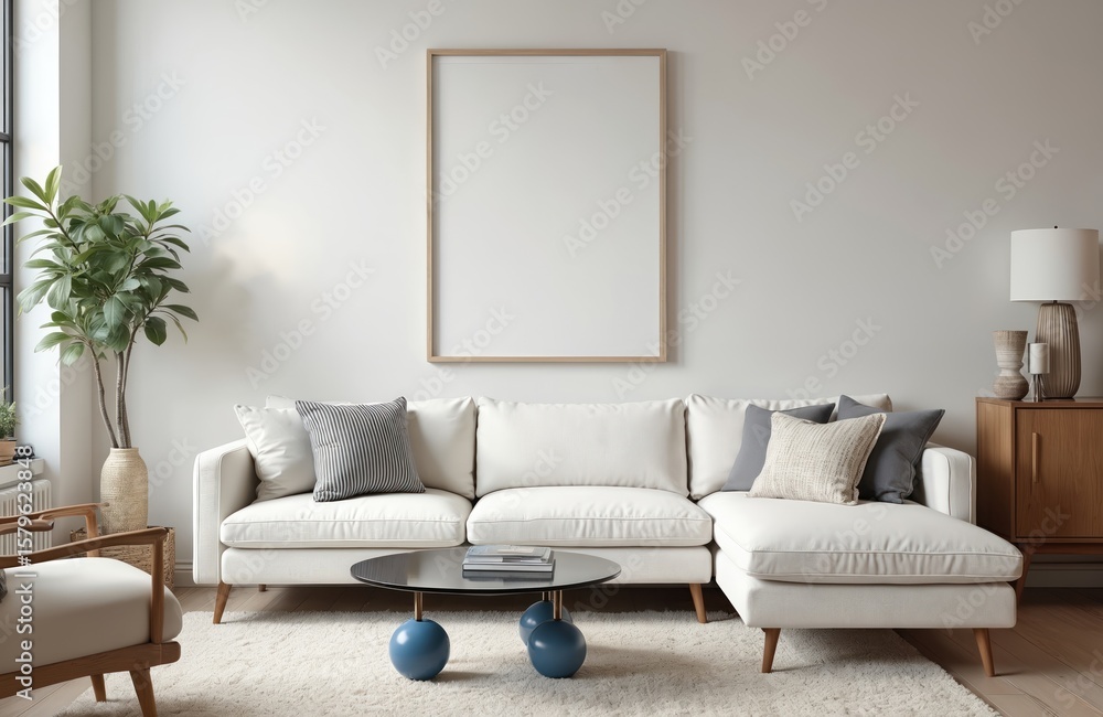 Modern living room features plush white sectional sofa, glass coffee table with books, wooden sideboard. Includes decorative pillows, floor lamp, potted plant, blank poster frame on neutral wall. Modern living room features plush white sectional sofa, glass coffee table with books, wooden sideboard. Includes decorative pillows, floor lamp, potted plant, blank poster frame on neutral wall.