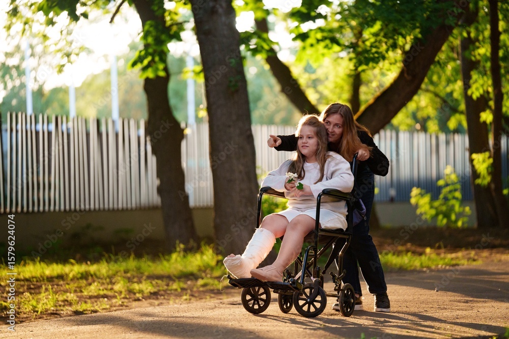 Wheelchair doesn't limit happiness: girl with broken leg and mom share sunset laugh. Authentic emotional shot for charities and social media. Wheelchair doesn't limit happiness: girl with broken leg and mom share sunset laugh. Authentic emotional shot for charities and social media.