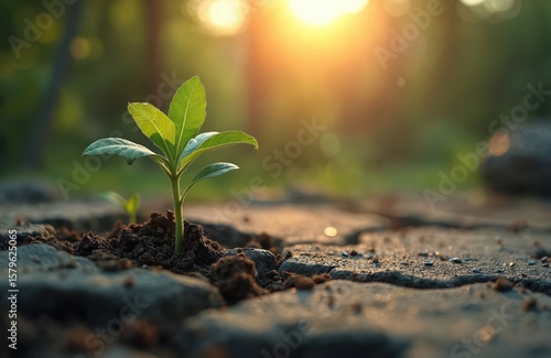 Young plant seedling pushes through cracked concrete pavement, symbolizing nature resilience and regeneration against urban environments. Sunrise light filters through trees, highlighting new growth.