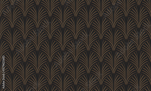 Dark brown and gold repeating art deco feather pattern.