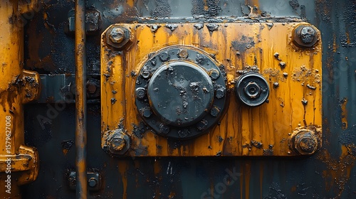 Wallpaper Mural Close-up of an aged, yellow machinery component with visible wear, grease and rust suggesting heavy industrial use and weathe in an outdoor setting. Torontodigital.ca