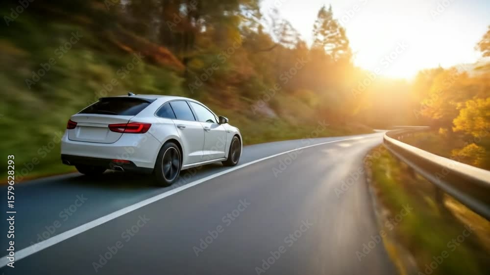 White car on a winding road amid autumn trees bathed in sunlight White car on a winding road amid autumn trees bathed in sunlight