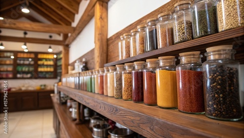 Wallpaper Mural Colorful Spices and Herbs Displayed in Glass Jars on Wooden Shelves Torontodigital.ca