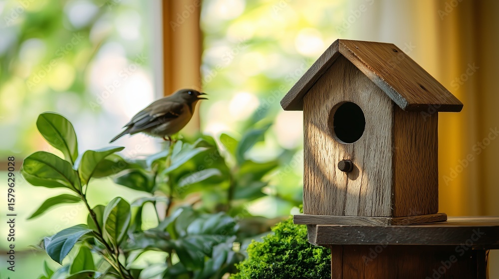 Naklejka premium Bird perched beside a wooden birdhouse surrounded by lush green foliage, with sunlight streaming through a window, creating a warm and inviting atmosphere in a cozy indoor setting