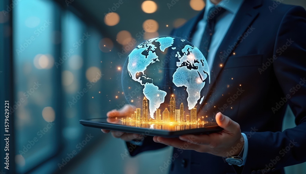Fototapeta premium Businessman holds tablet displaying digital globe with glowing city skyline. Global business trends, data visualization, tech innovation, market analysis are represented in this digital environment.