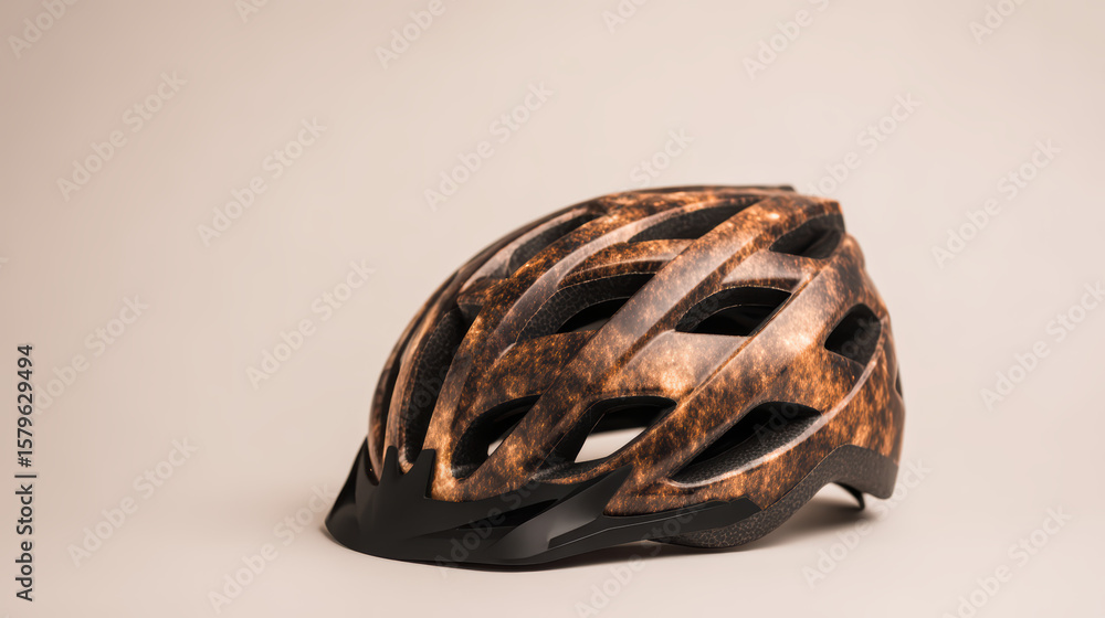 A sleek, modern bicycle helmet with a textured, rusty brown and black finish, designed for safety and style. A sleek, modern bicycle helmet with a textured, rusty brown and black finish, designed for safety and style.