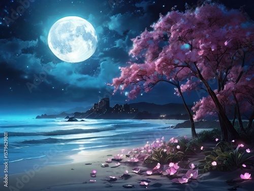 Fantasy beauty nature landscape with sakura bloom tree illustration background 