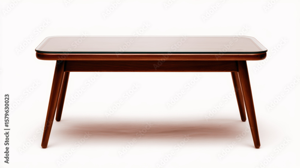 A sleek, mid-century modern wooden coffee table with tapered legs and a smooth, polished surface. A sleek, mid-century modern wooden coffee table with tapered legs and a smooth, polished surface.