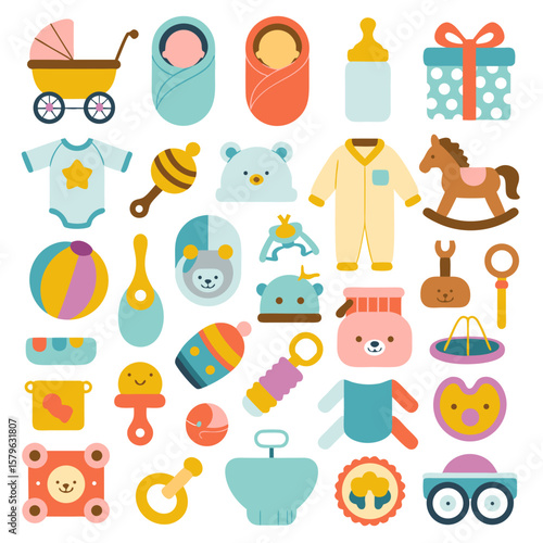 Flat vector illustration of baby-related items, including a stroller, swaddled babies, bottle, gift, clothes, toys, and accessories, arranged on a white background.