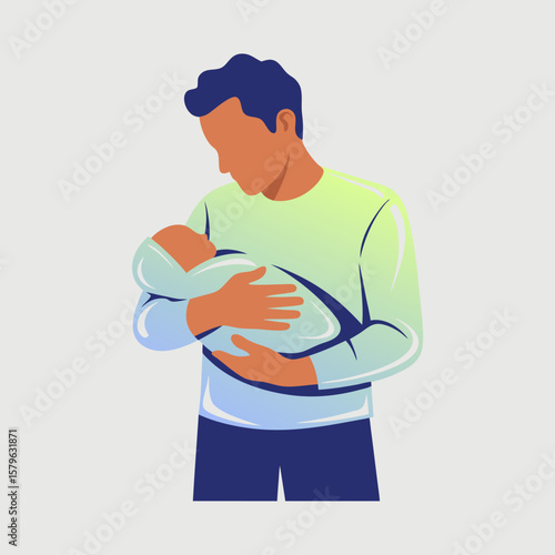 Father gently cradling a newborn baby wrapped in a blanket, showcasing a tender moment of paternal love and care.