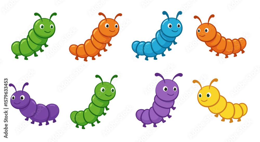 Fototapeta premium Collection of Colorful Cartoon Caterpillars with Smiling Faces for Educational Resources