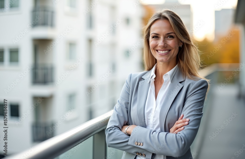 Smiling businesswoman with arms crossed on office terrace. Blond woman in grey suit exudes confidence, success. Occupies prime copy space ideal for business themes, aspiration, entrepreneurship. Smiling businesswoman with arms crossed on office terrace. Blond woman in grey suit exudes confidence, success. Occupies prime copy space ideal for business themes, aspiration, entrepreneurship.